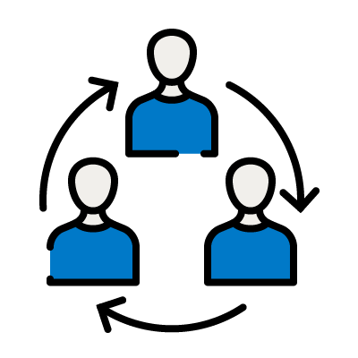 Three people connected by circular arrows, representing collaboration or team workflow