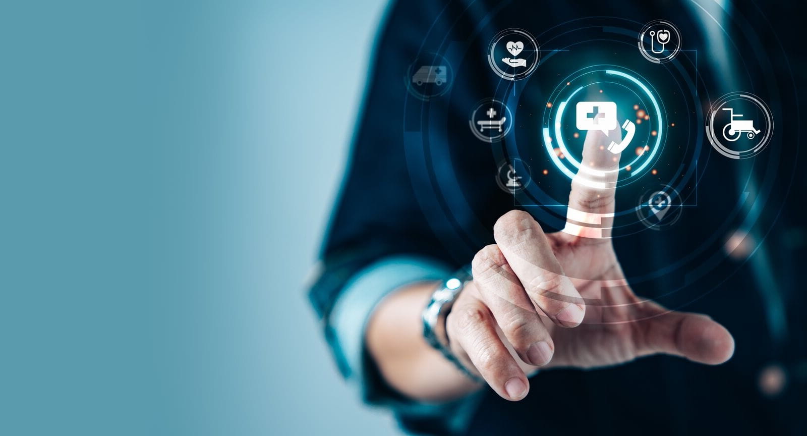 Person using a virtual health interface on a touchscreen with medical icons and digital data displayed.