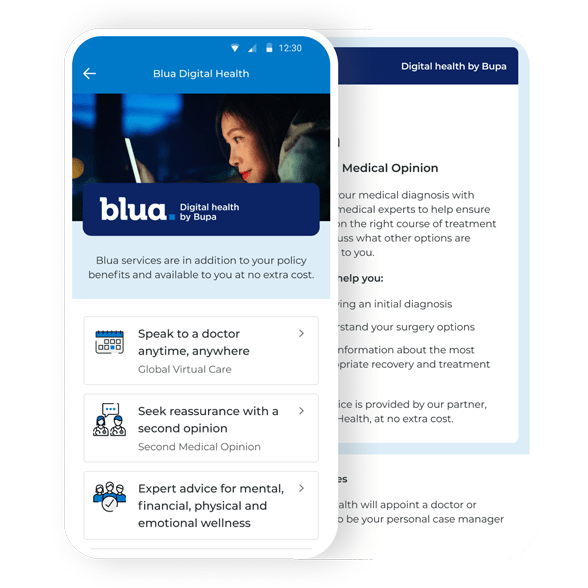 Example of Blua on MembersWorld app, showing virtual appointments, second medical opinion, and advice options