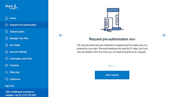 Bupa Global MembersWorld pre-authorisation page