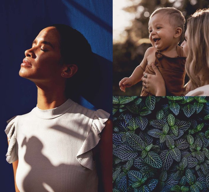 collage of images of a woman, green leaves and a mother with her child