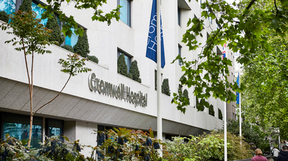 Exterior of the Cromwell Hospital with blue flags in front of the building and people walking along the street